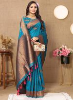 Soft Silk Sky Blue Festival Wear Zari Work Saree